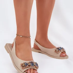 sandales femmes SBarski similicuir beige chair bout ouvert bride arrière semelle plate matelassée talon plat intérieure douce cristaux