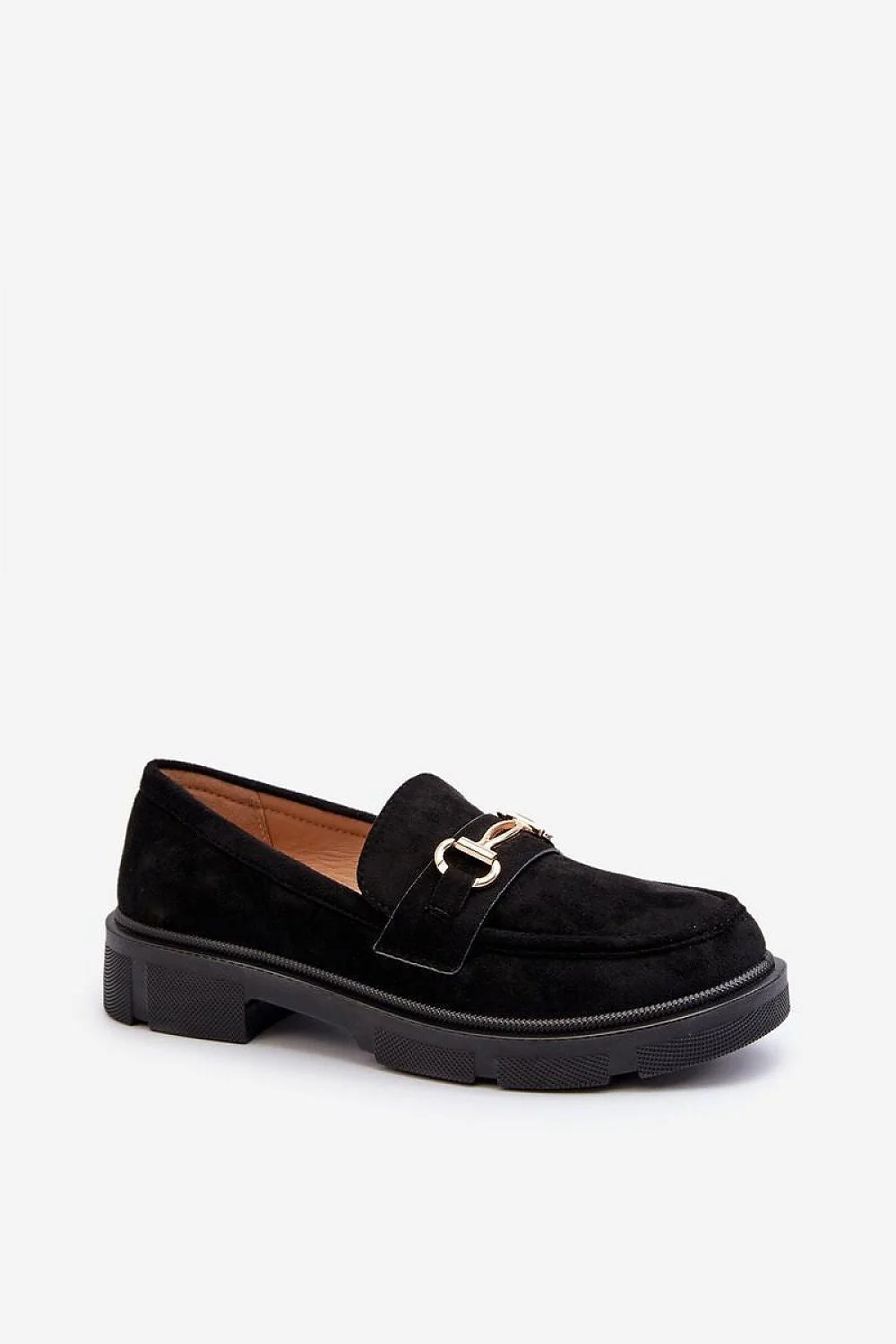 mocassins femme suédine écologique noirs confortables élégants lanière ornement doré talon plat semelle crantée caoutchouc bout arrondi maintien urbain – Image 4